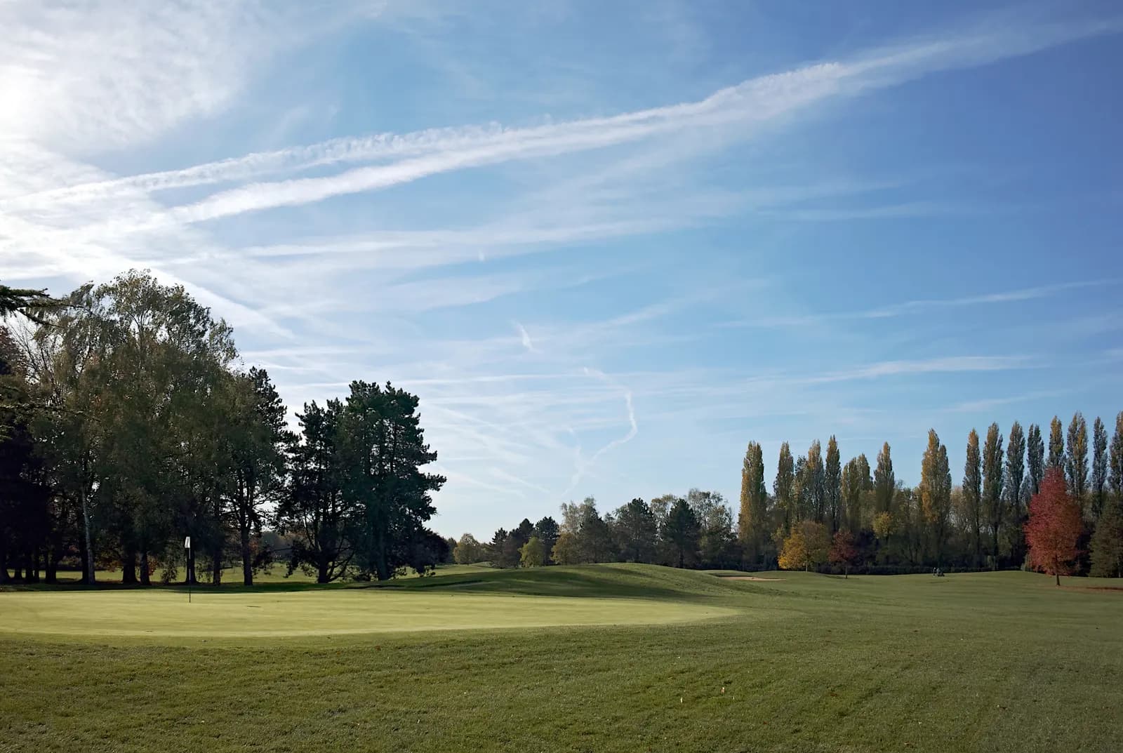 Parcours de golf en automne sous un ciel bleu strié de nuages : un green avec son drapeau à gauche, des pins et une rangée de peupliers dorés au fond